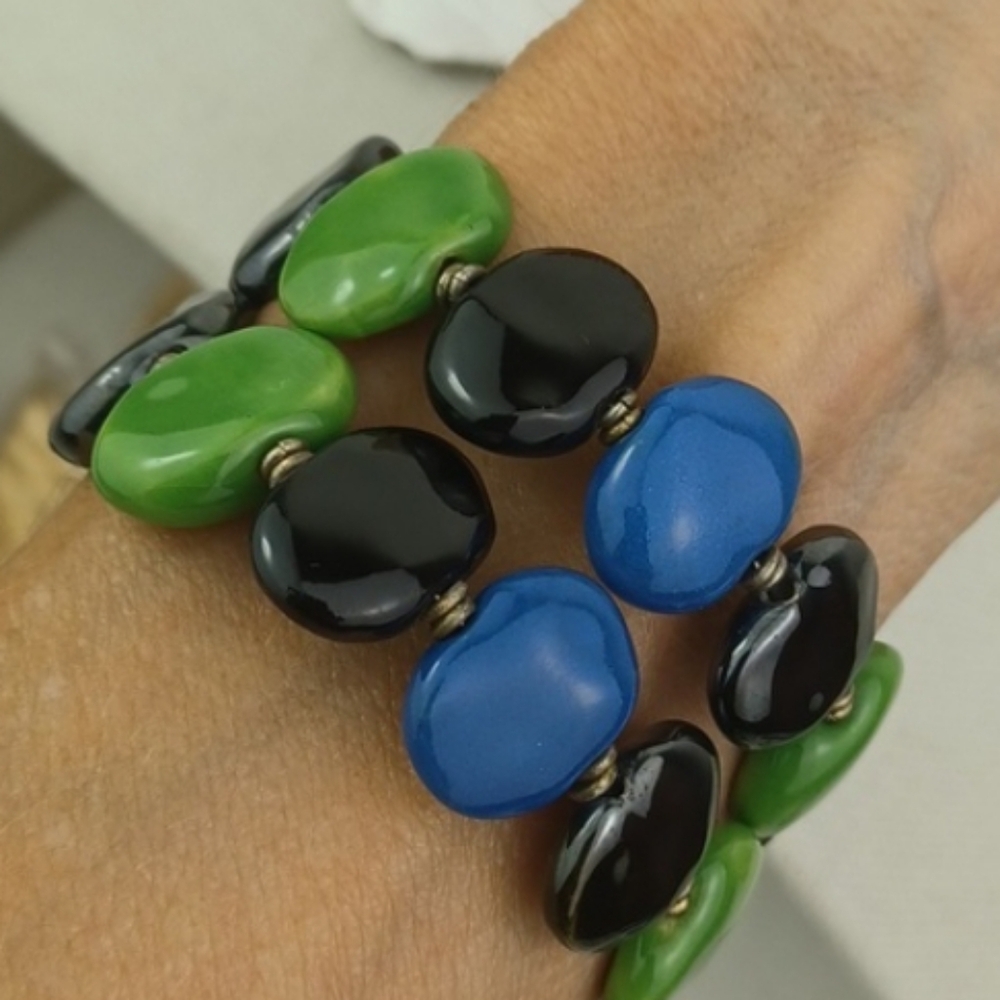 Vibrant Green Blue & Black Stone Beaded Wrap Bracelet